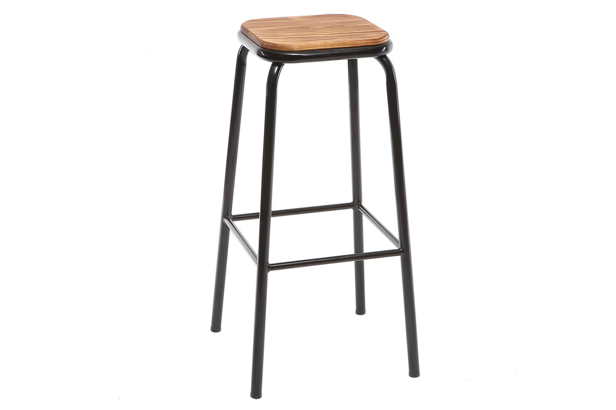 Tabourets de bar empilables noir et bois fonc� H77.5 cm (lot de 2) MEMPHIS
