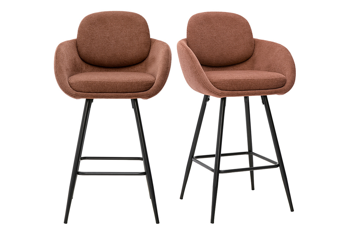 Lot de 2 tabourets de bar en tissu chenille terre br�l�e et m�tal noir, vue de face.