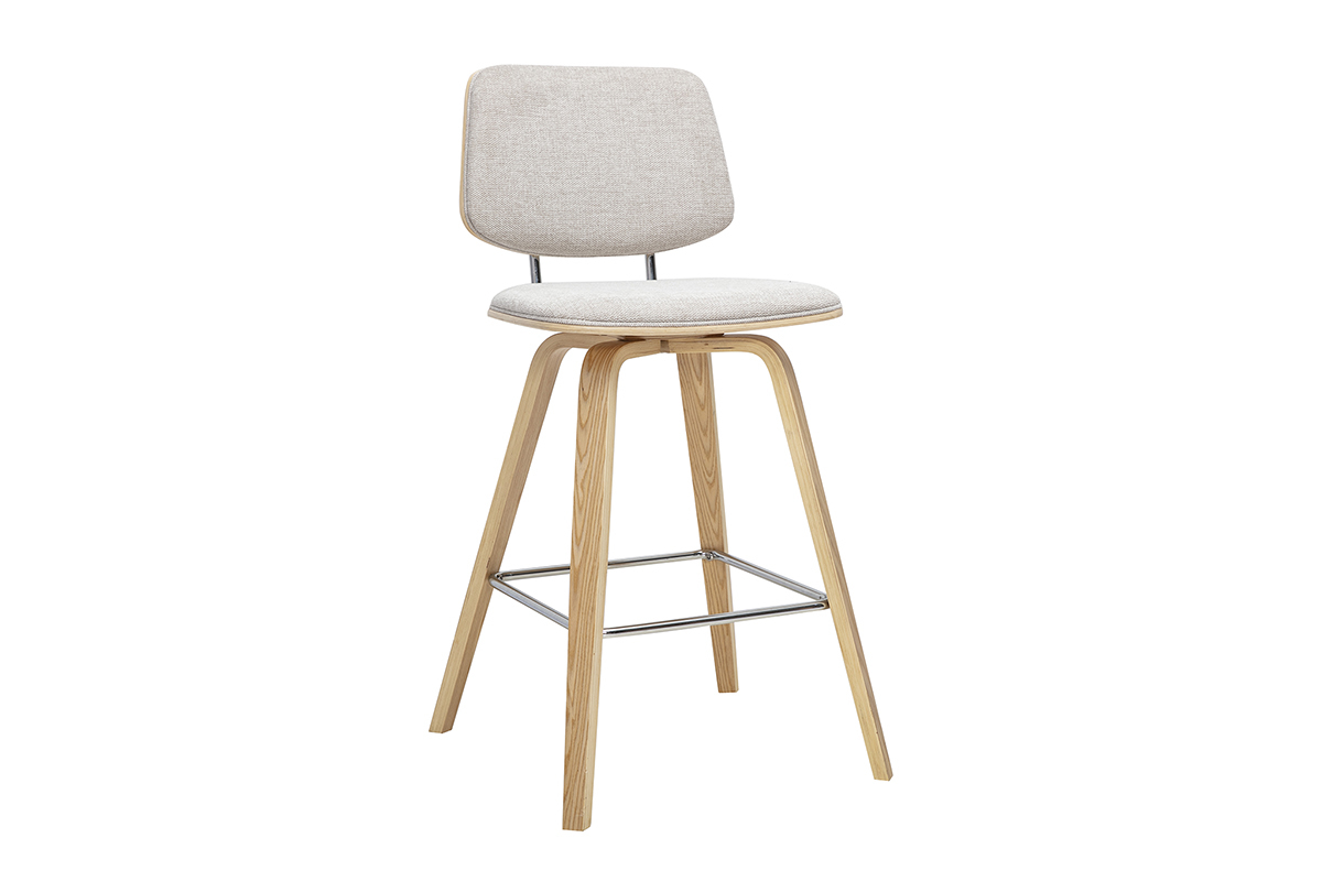 Tabouret de bar en tissu beige avec pieds en bois clair, vue de 3/4.