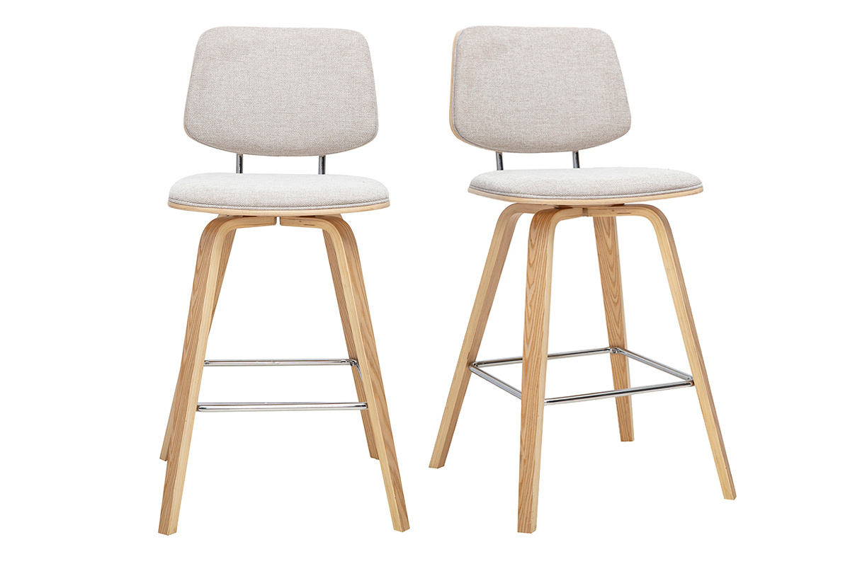 Lot de 2 tabourets de bar en tissu effet velours beige et bois clair, H66 cm, vus de face