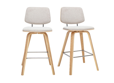 Tabourets de bar en tissu effet velours textur&eacute; beige et bois clair H66 cm (lot de 2) SEGUR