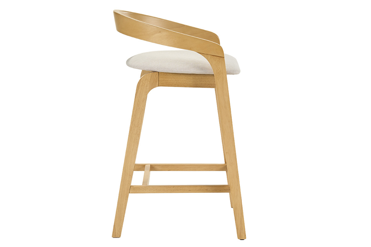 Tabouret de bar en bois clair avec assise en tissu beige, vue de profil.