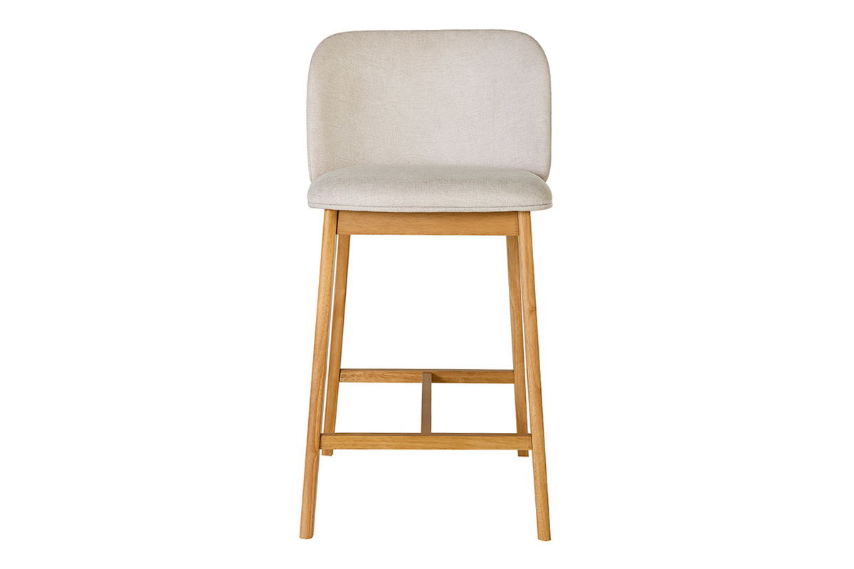 Tabouret de bar beige avec pieds en bois clair, vue de face.