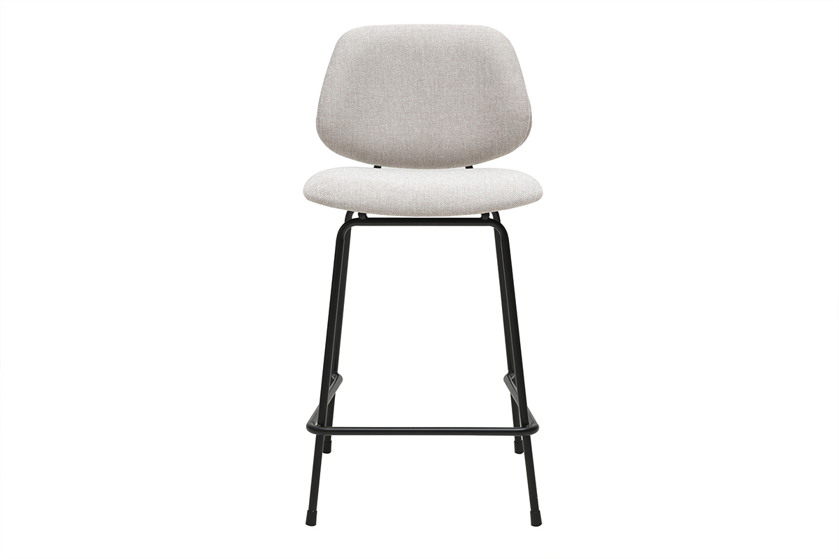 Tabouret de bar beige en tissu effet velours, structure m�tal noir, vue de face.