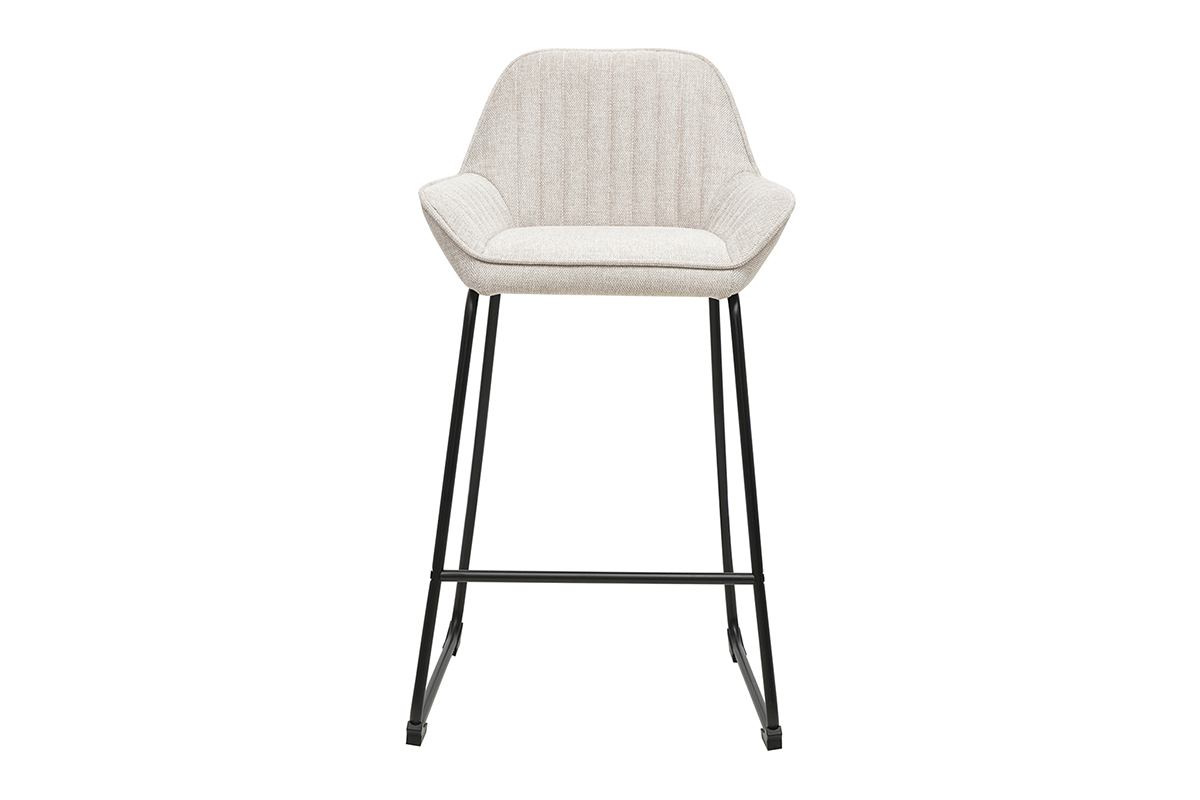 Tabouret de bar en tissu effet velours beige et m�tal noir, vue de face, H68 cm.