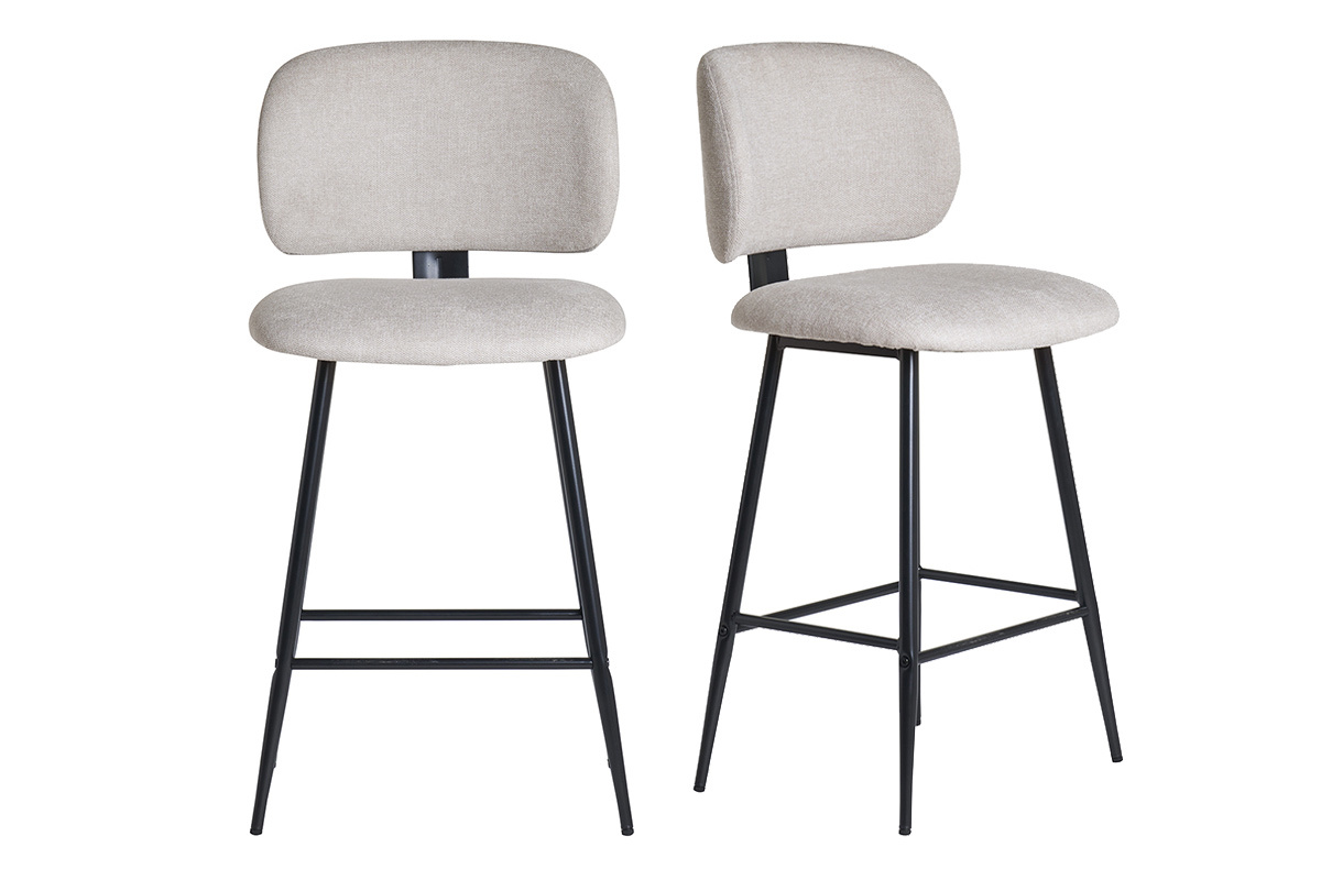 Tabourets de bar en tissu effet velours textur� beige et m�tal noir H70 cm (lot de 2) ATRIUM