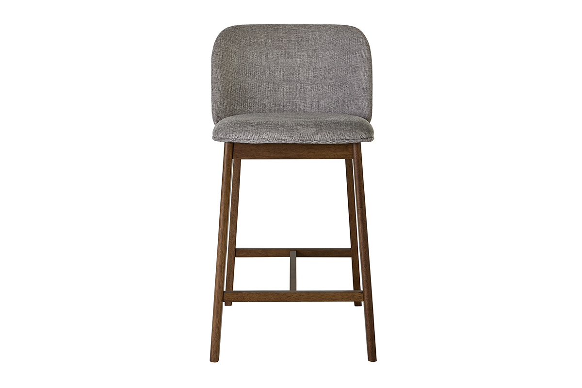 Tabouret de bar en tissu gris et bois fonc�, vue de face, H69 cm.