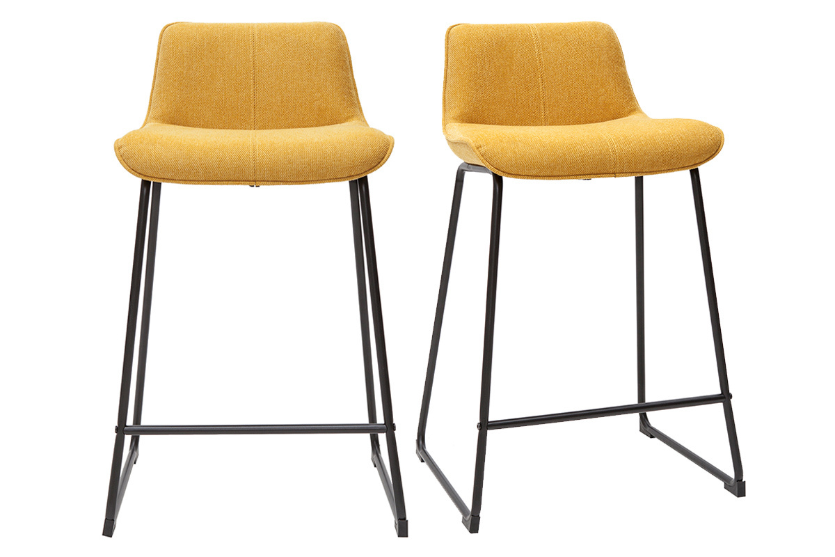 Tabourets de bar en tissu effet velours textur� jaune moutarde et m�tal H65 cm (lot de 2) BOOST