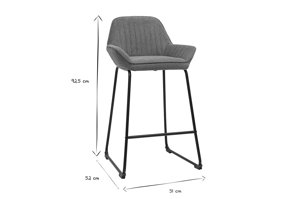Tabouret de bar RONNIE avec dimensions en noir et blanc : H92.5 cm, L51 cm, P52 cm.