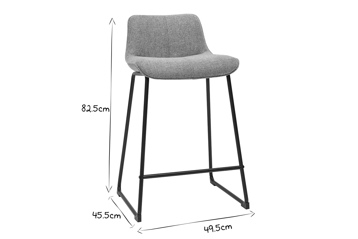 Dimensions d'un tabouret de bar H82,5 cm, L49,5 cm, P45,5 cm, en noir et blanc.