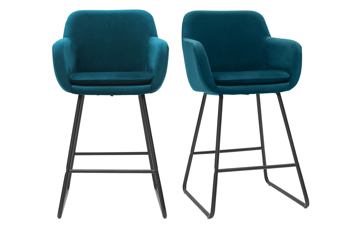 Tabourets de bar en velours bleu p�trole H65 cm (lot de 2) AMIKA