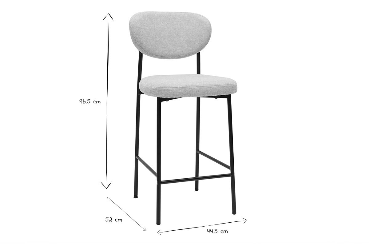 Dimensions en noir et blanc d'un tabouret de bar H96,5 cm, P52 cm, L44,5 cm.