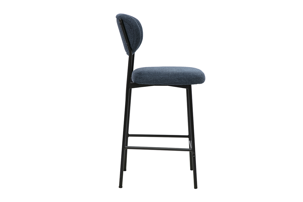 Tabouret de bar fixe en tissu effet velours textur� bleu fonc�, vue de profil, H65 cm
