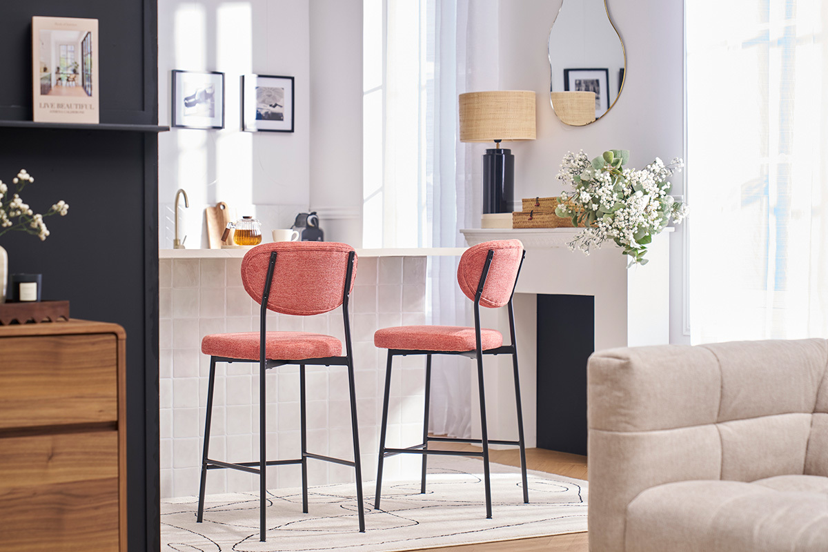 Tabourets de bar fixes en tissu effet velours textur� terracotta H65 cm (lot de 2) BREKA