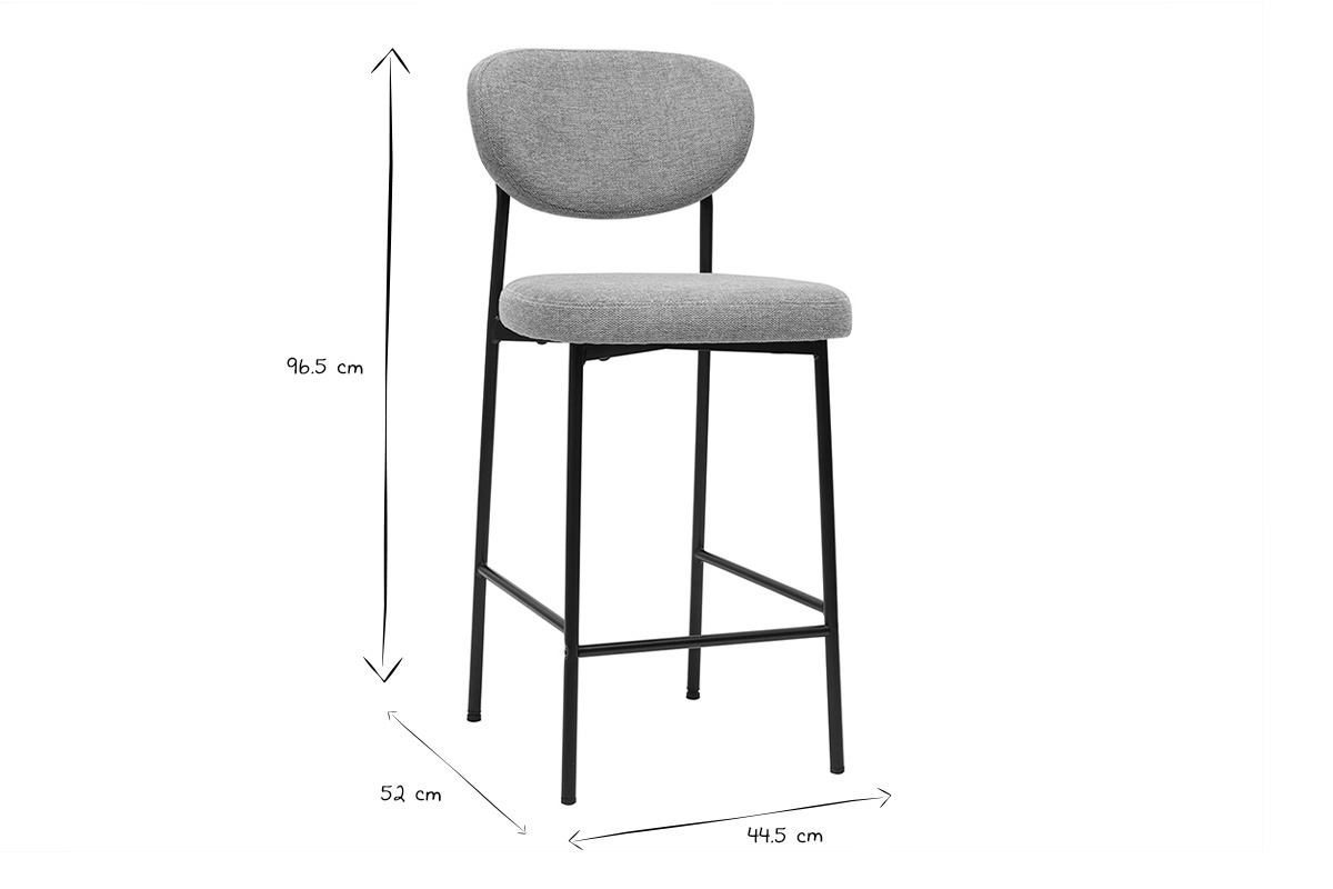 Tabouret de bar avec dimensions indiqu�es, en noir et blanc.