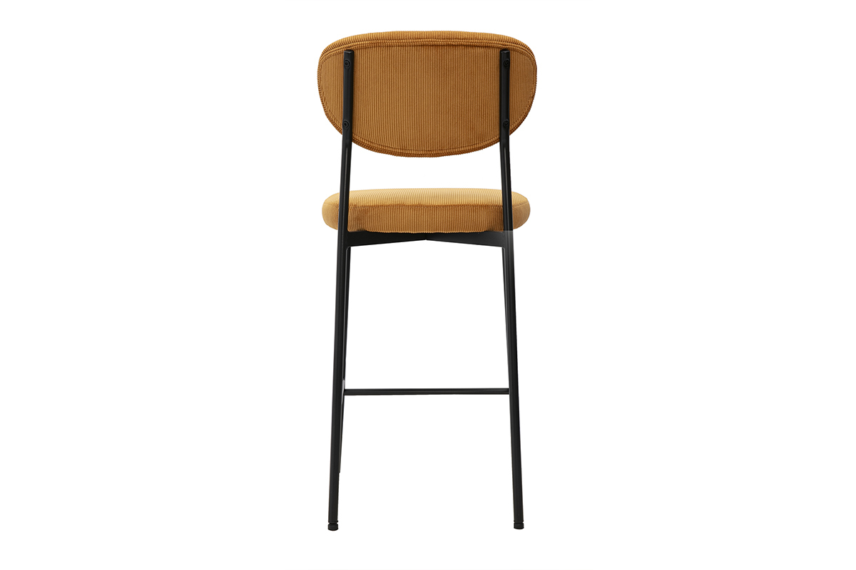 Tabouret de bar fixe en tissu velours c�tel� jaune curry vue de dos, avec pi�tement en m�tal noir.