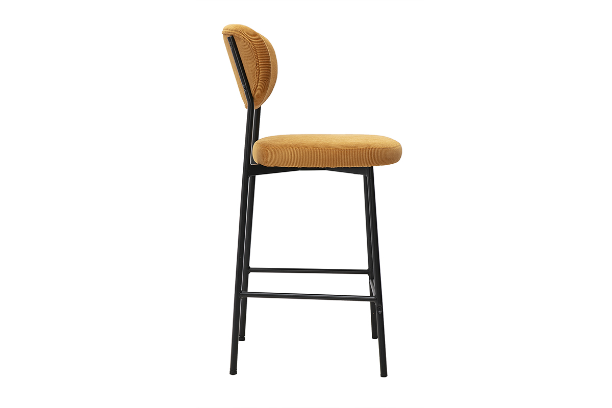 Tabouret de bar fixe en tissu velours c�tel� jaune curry, vue de profil, H65 cm