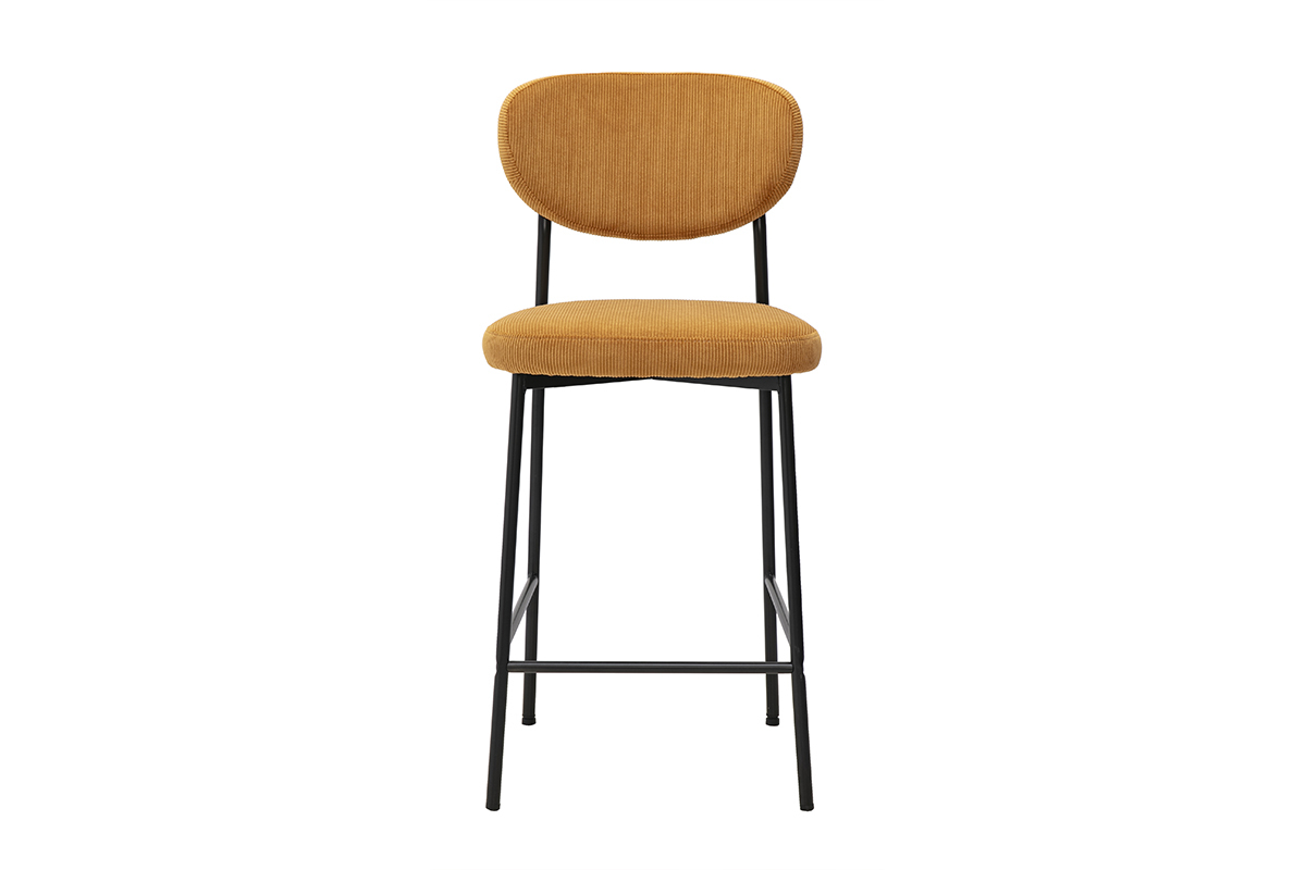 Tabouret de bar fixe en tissu velours c�tel� jaune curry, pi�tement en m�tal noir, vue de face.