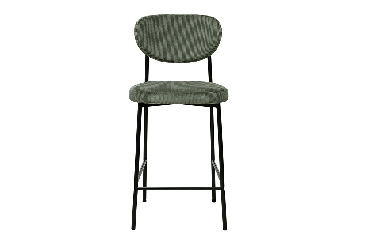 Tabouret de bar en velours c�tel� vert kaki et m�tal noir H65 cm, lot de 2