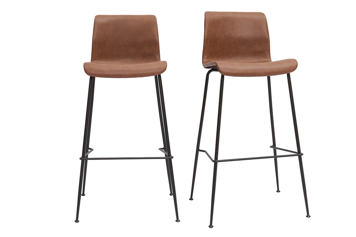 Tabourets de bar fixes marron aspect vieilli et m�tal noir H75 (lot de 2) HAROLD
