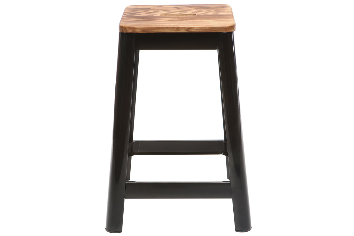Tabourets de bar industriels en m�tal noir et bois H65 cm (lot de 2) NICK