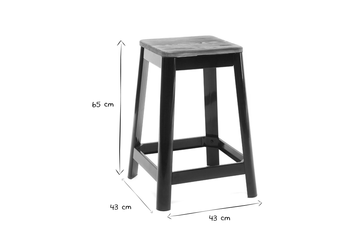 Tabourets de bar industriels en m�tal noir et bois H65 cm (lot de 2) NICK