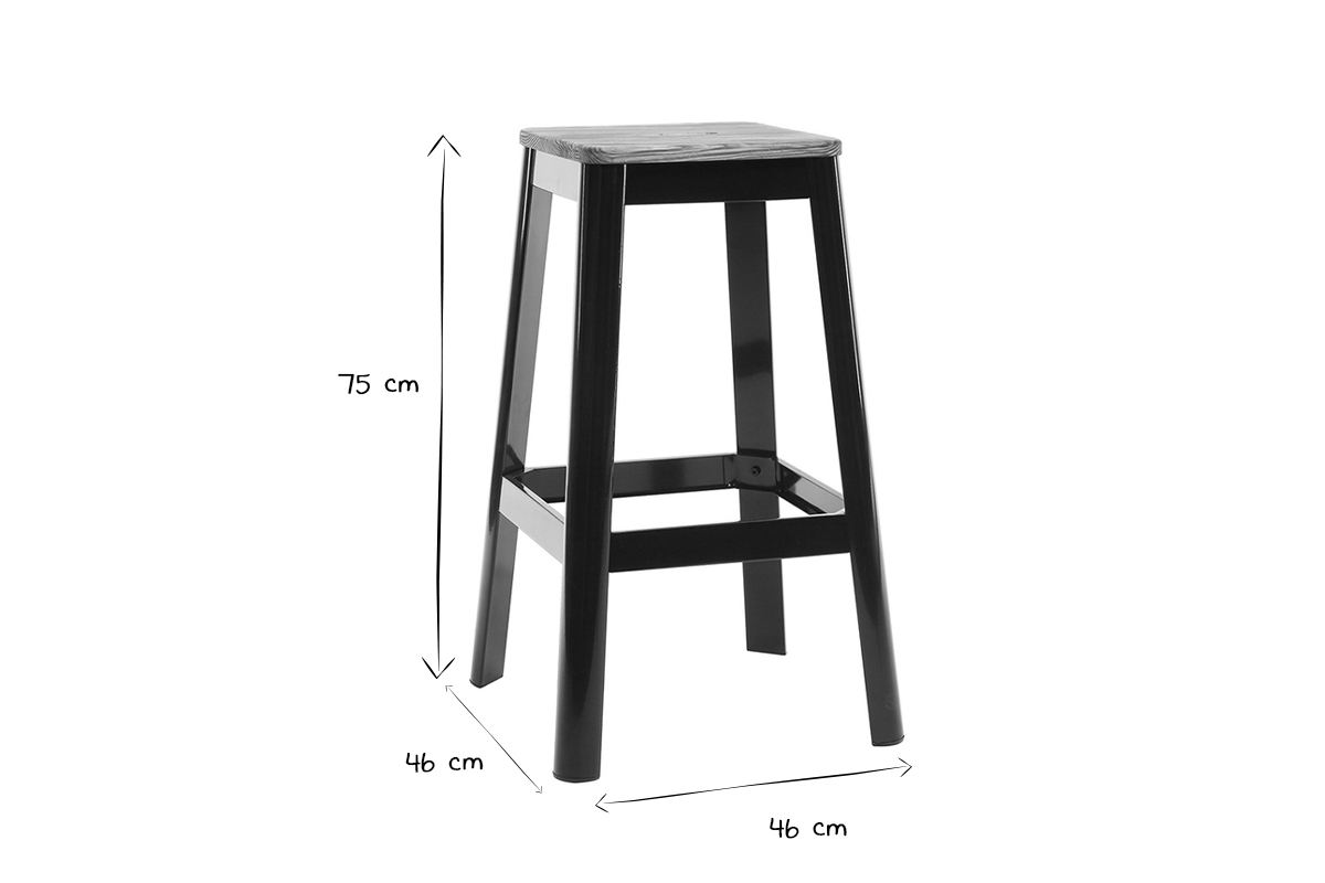 Tabourets de bar industriels en m�tal noir et bois H75 cm (lot de 2) NICK