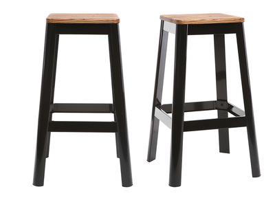 Tabourets de bar industriels en m&eacute;tal noir et bois H75 cm (lot de 2) NICK