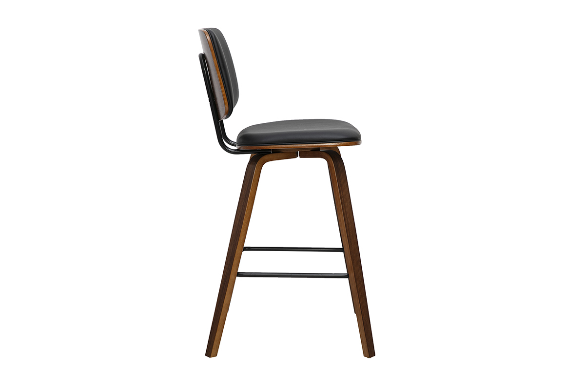 Tabouret de bar noir et bois fonc�, vue de profil, hauteur 66 cm.