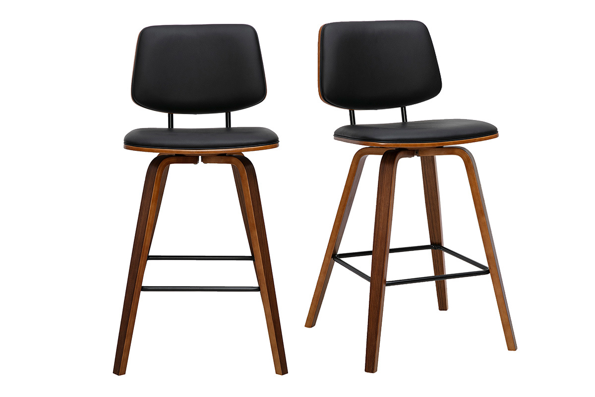 Lot de 2 tabourets de bar noirs et bois fonc�, H66 cm, vue de face.