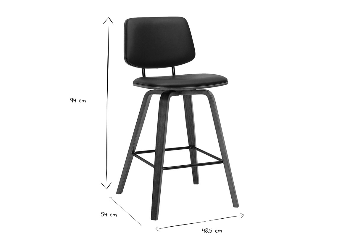 Dimensions des tabourets de bar SEGUR H94 cm, L48,5 cm, P54 cm en noir et blanc.