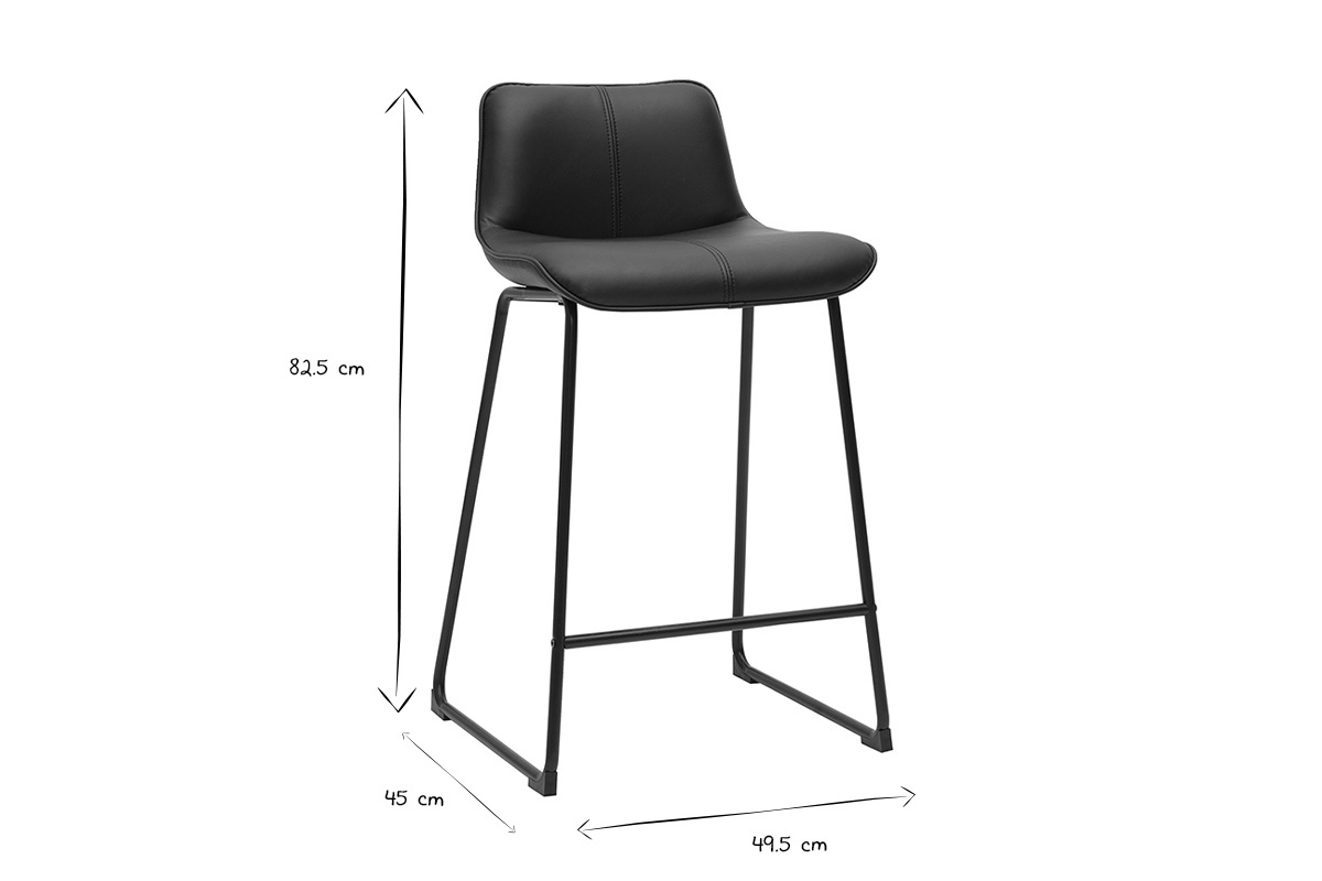 Tabouret de bar noir et m�tal avec dimensions 82,5 cm hauteur, 45 cm largeur, 49,5 cm profondeur, en noir et blanc.