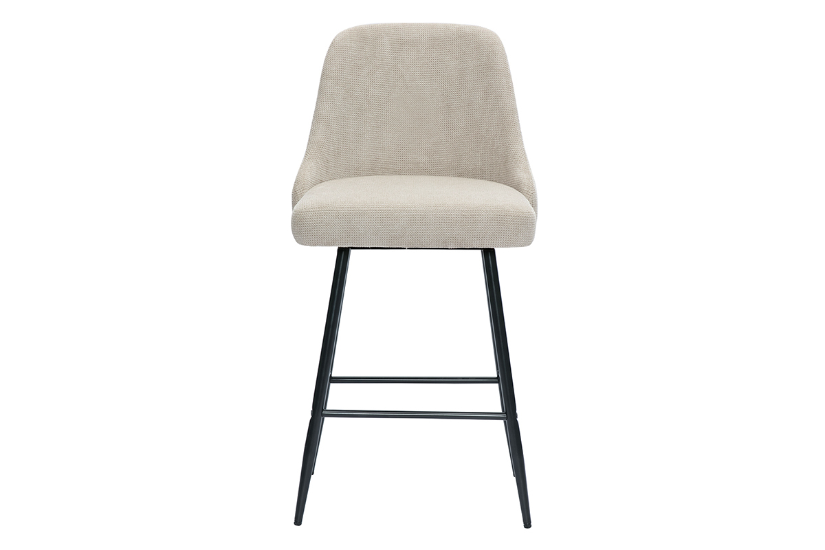 Tabouret de bar pivotant en tissu beige et m�tal noir, vue de face.