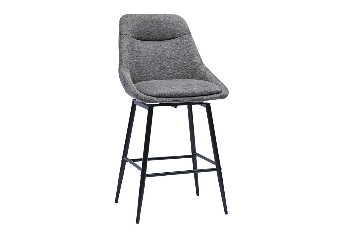 Tabouret de bar gris en tissu effet velours, vue de 3/4, structure en m�tal.