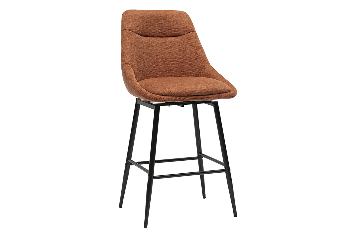 Tabouret de bar pivotant en tissu terre br�l�e et m�tal, vue de 3/4, H66 cm.