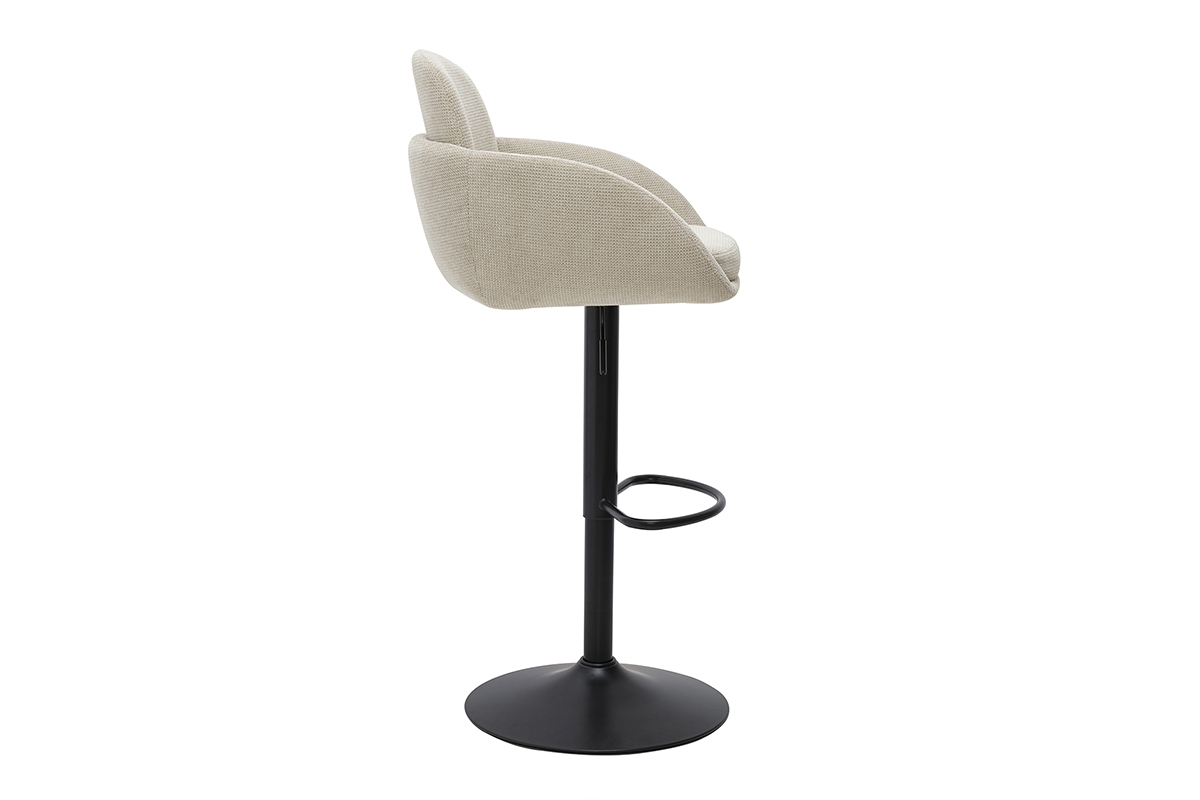 Tabouret de bar r�glable pivotant 360� en tissu beige, vue de profil, avec base en m�tal noir.