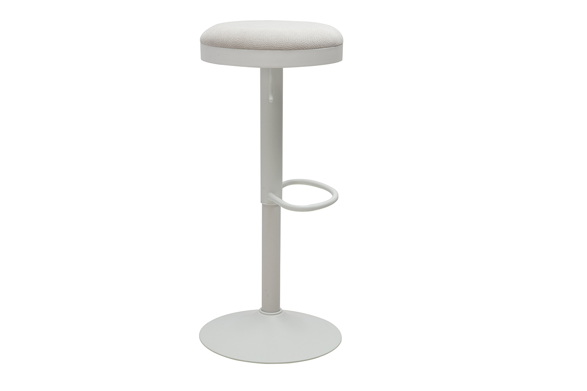 Tabouret de bar r�glable en tissu chenille �cru et m�tal blanc, vue de profil