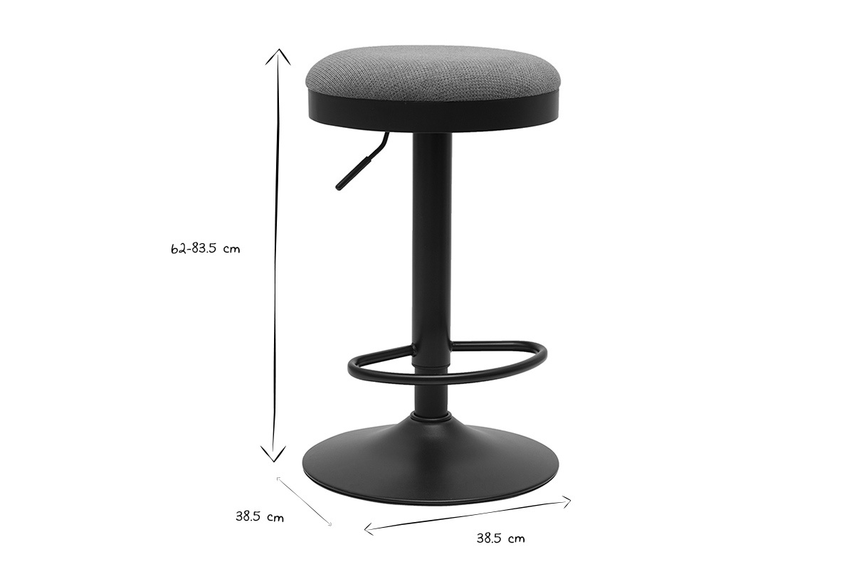 Dimensions des tabourets de bar THOR en noir et blanc, hauteur r�glable de 62 � 83,5 cm, diam�tre de 38,5 cm.