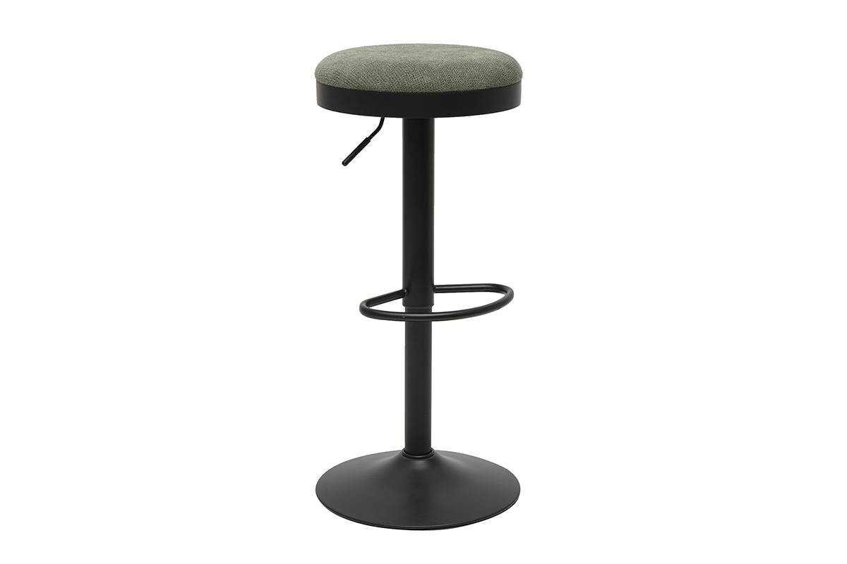 Tabouret de bar r�glable en tissu chenille vert kaki sur base en m�tal noir, vue de 3/4.