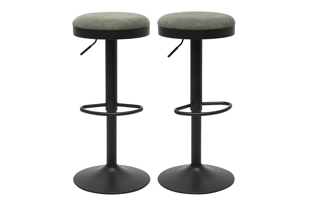 Tabourets de bar r�glables en tissu chenille vert kaki et m�tal noir, vue de face.