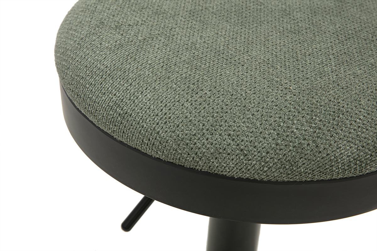 Assise ronde en tissu chenille vert kaki sur base en m�tal noir, vue de dessus