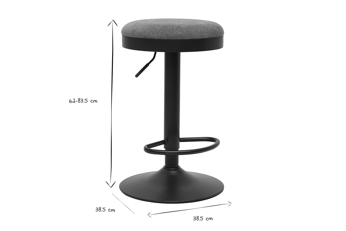 Dimensions du tabouret de bar r�glable en noir et blanc, hauteur 62-83,5 cm, diam�tre 38,5 cm.