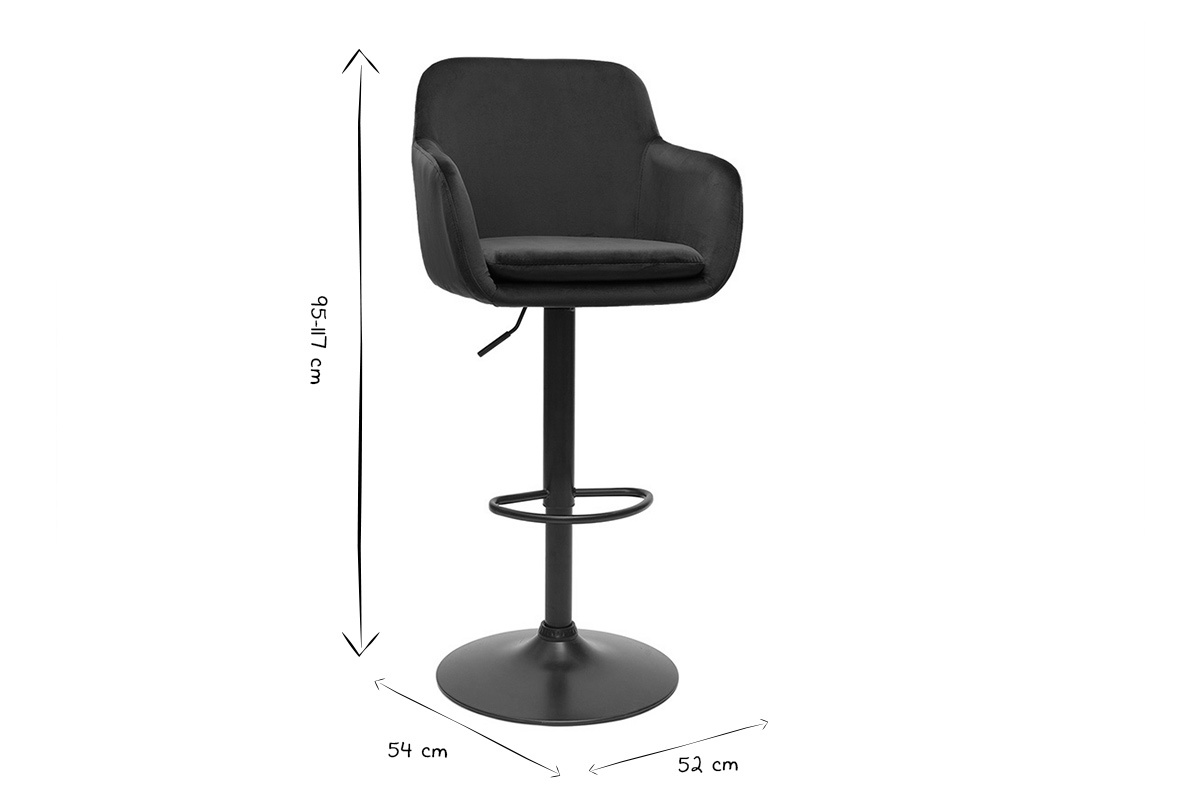 Tabouret de bar noir et blanc, dimensions 95-117 cm de haut, 54 cm de large, 52 cm de profondeur.