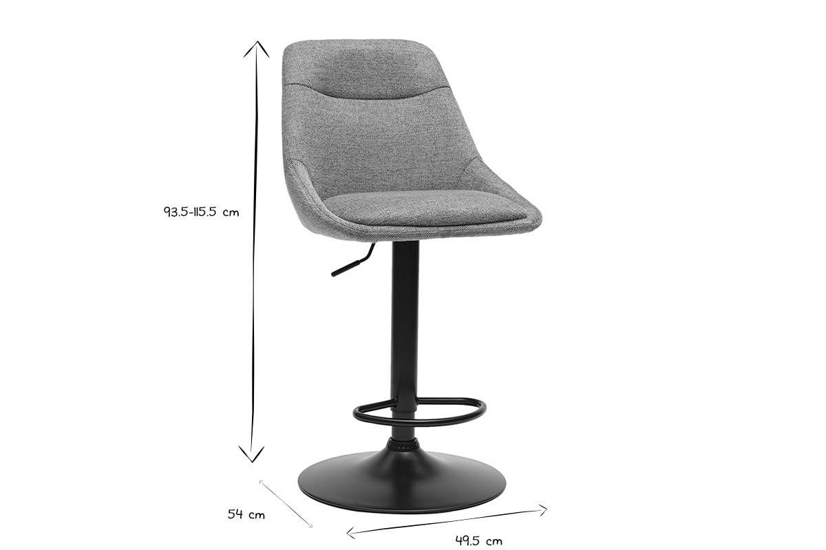 Tabouret de bar r�glable avec dimensions en noir et blanc.