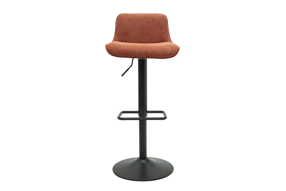 Tabouret de bar pivotant en tissu effet velours terre br�l�e et m�tal noir, vue de face.