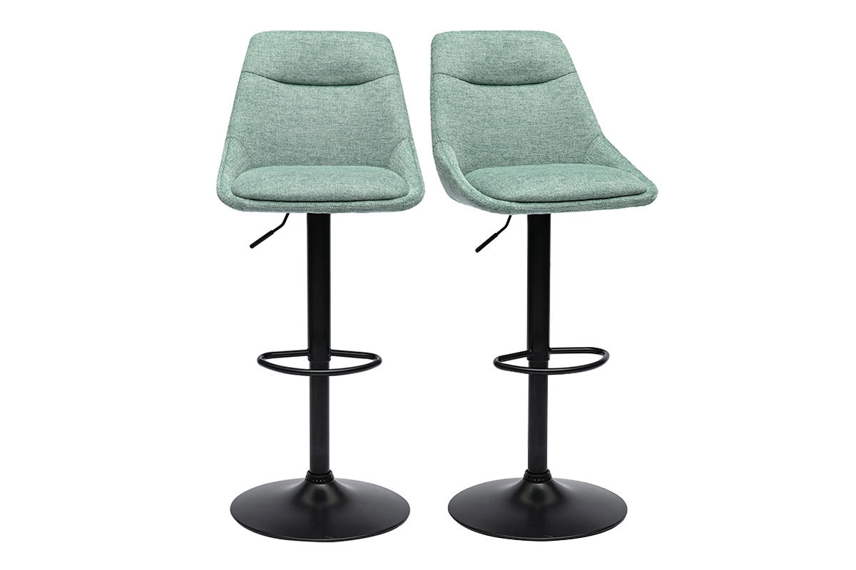 Deux tabourets de bar en tissu vert c�ladon avec pied en m�tal noir, vus de face.