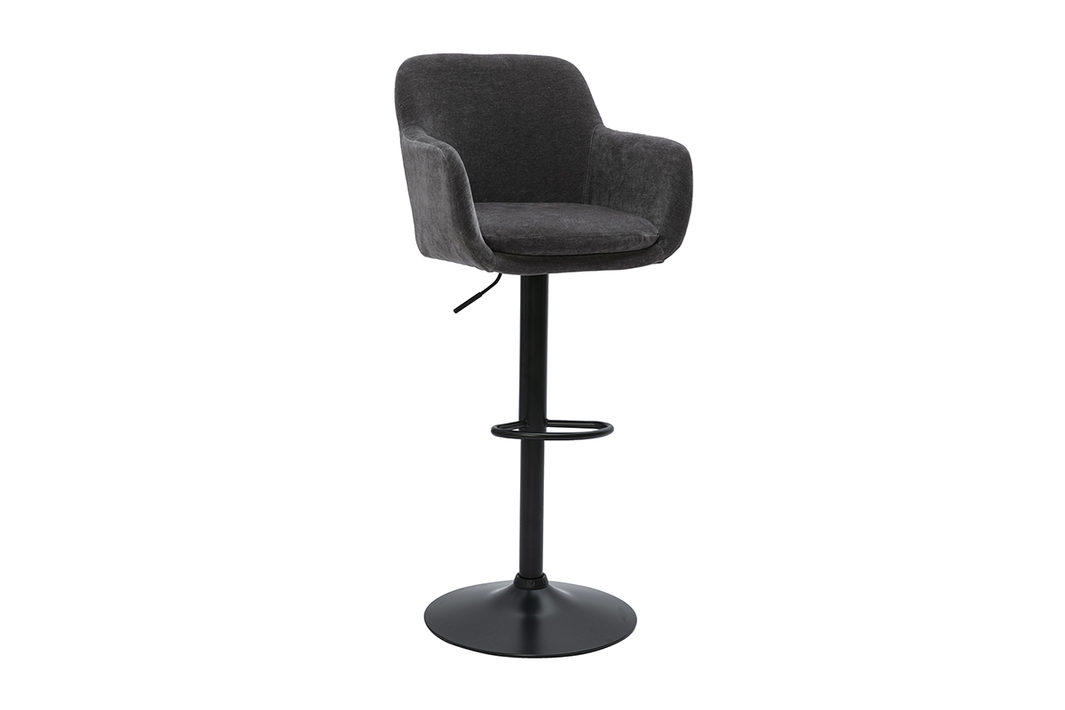Tabouret de bar gris fonc� effet velours sur base m�tallique, vue de 3/4.