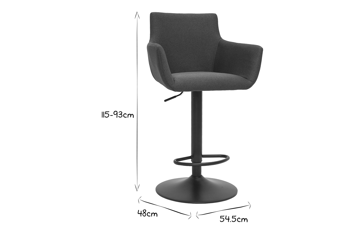 Tabourets de bar r�glables tissu gris anthracite m�tal noir (lot de 2) CARLIE