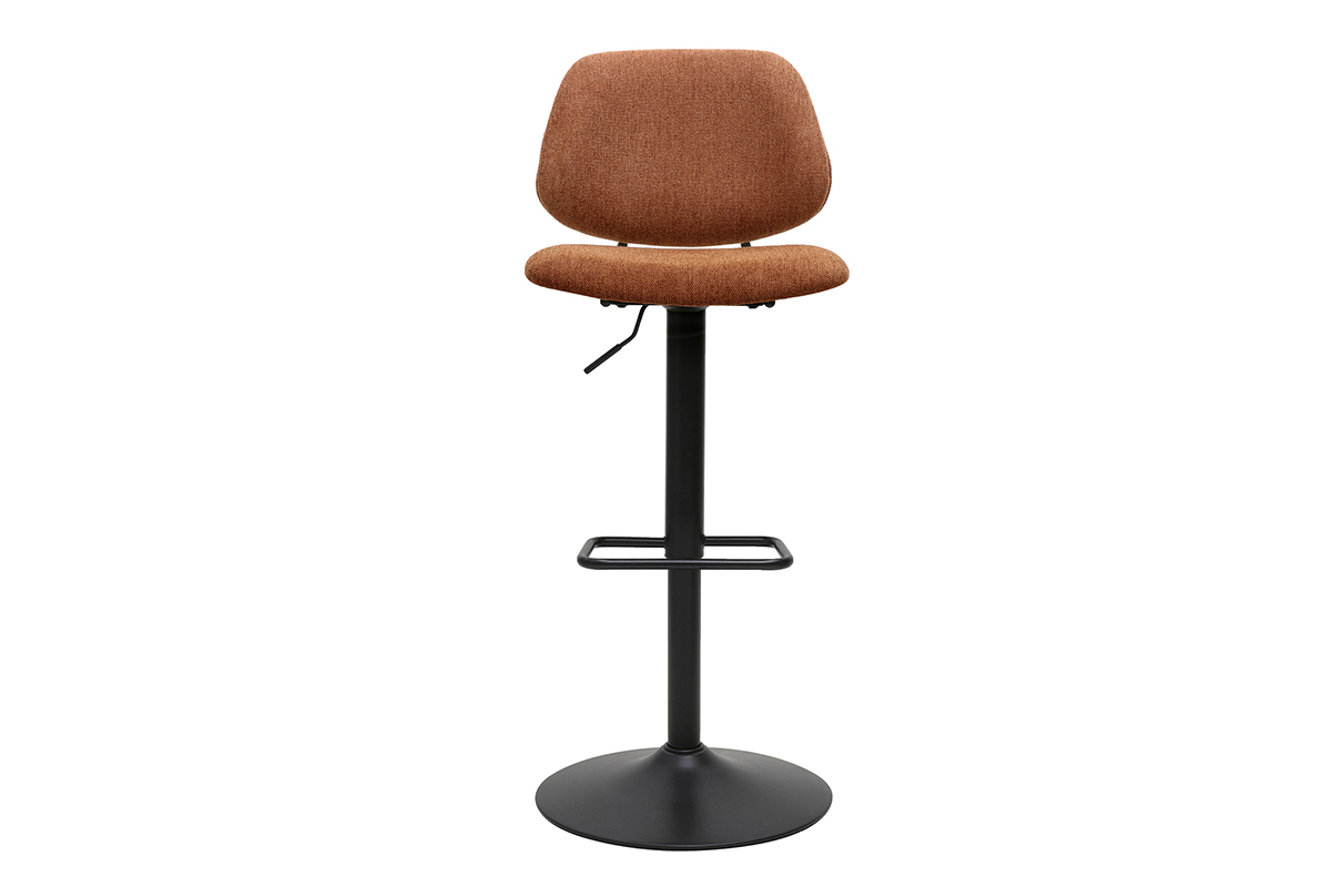 Tabouret de bar r�glable en tissu terre br�l�e et m�tal noir, vue de face.