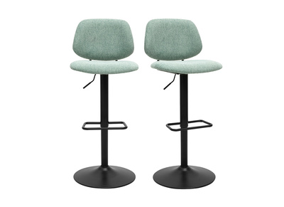Tabourets de bar relevables design en tissu effet velours textur&eacute; vert c&eacute;ladon et m&eacute;tal noir BARNET (lot de 2)